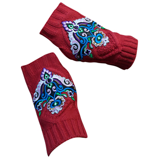 文艺复古民族风刺绣中长筒纯手工纯羊毛半指露指手套护手护腕