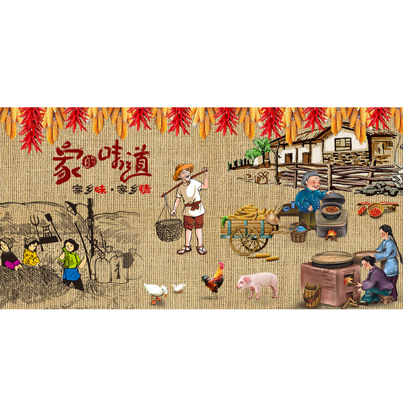 3d复古怀旧农家乐装饰壁画家的味道装修墙纸快餐饭店餐厅背景壁纸