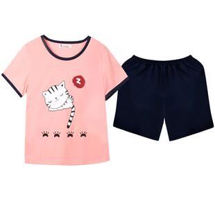 带胸垫一体睡衣女夏纯棉短袖可爱韩版夏天学生家居服套装大码宽松