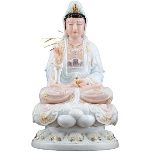 圆通佛具 彩釉镶金汉白玉观音佛像 供奉 家用观世音菩萨玉石摆件