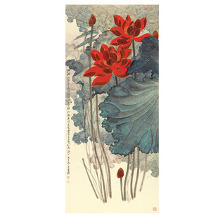 张大千金线荷花国画作品微喷复制品未裱宣纸画心名人字画条幅书画