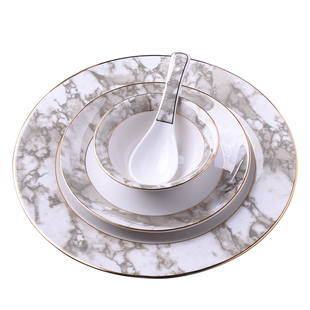陶瓷酒店摆台四件套装金线碗碟大理石纹骨碟翅碗饭店会所金边餐具