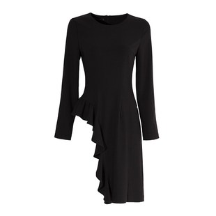 濛濛家 秋装2020新款荷叶边黑色上衣 秋季女装长袖圆领长款t恤