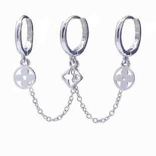 原创设计一体银耳环s925银滴薄片三耳洞连体耳扣双耳眼防丢耳骨扣