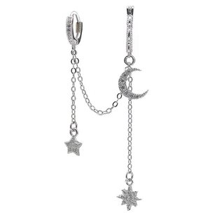 原创设计三耳洞一体耳环S925纯银星月珍珠双耳洞连体耳扣长款耳饰