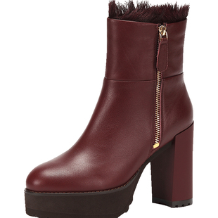 Aee/爱意秋冬款时尚毛毛粗跟防水台侧拉链真皮高跟短靴女