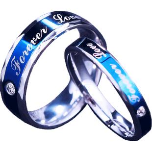 蓝色戒指男女情侣食指环潮人一对水晶单身尾戒子个性对戒小指