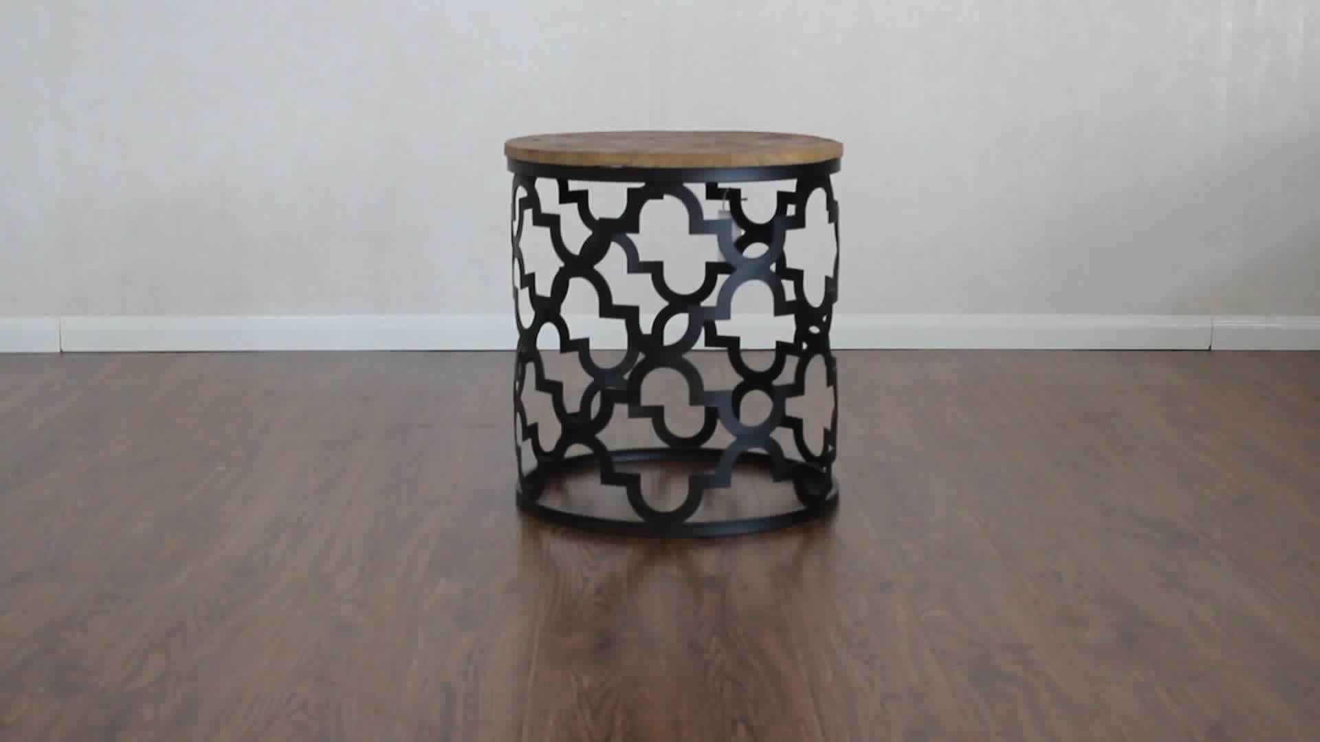 Industrial Round Reclaimed Wood Quatrefoil Metal Side ...