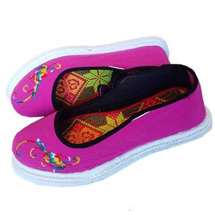 云南老布鞋农村纯手工千层底一字扣带方口平底女款红色妈妈绣花鞋