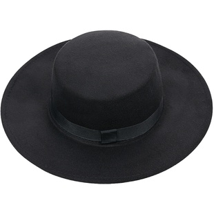 韩版大帽檐礼帽男女春秋英伦宽檐爵士帽复古绅士平顶黑色毛呢帽子