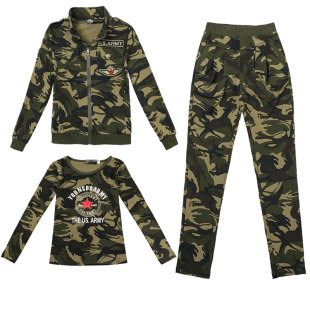 迷彩服休闲运动套装女春秋新款户外水兵舞工作服广场舞军绿三件套