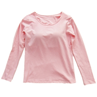 纯棉带胸垫长袖t恤女宽松免穿文胸BRA罩杯一体睡衣无钢圈打底内衣