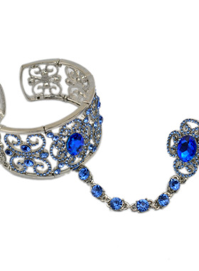 欧美夸张水晶手链花型镂空弹力戒指开口手镯一体新娘礼服首饰配饰