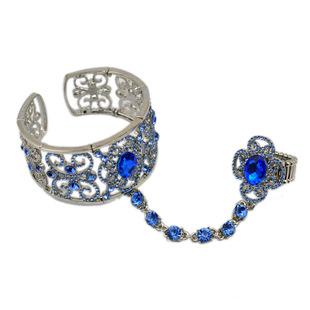 欧美夸张水晶手链花型镂空弹力戒指开口手镯一体新娘礼服首饰配饰