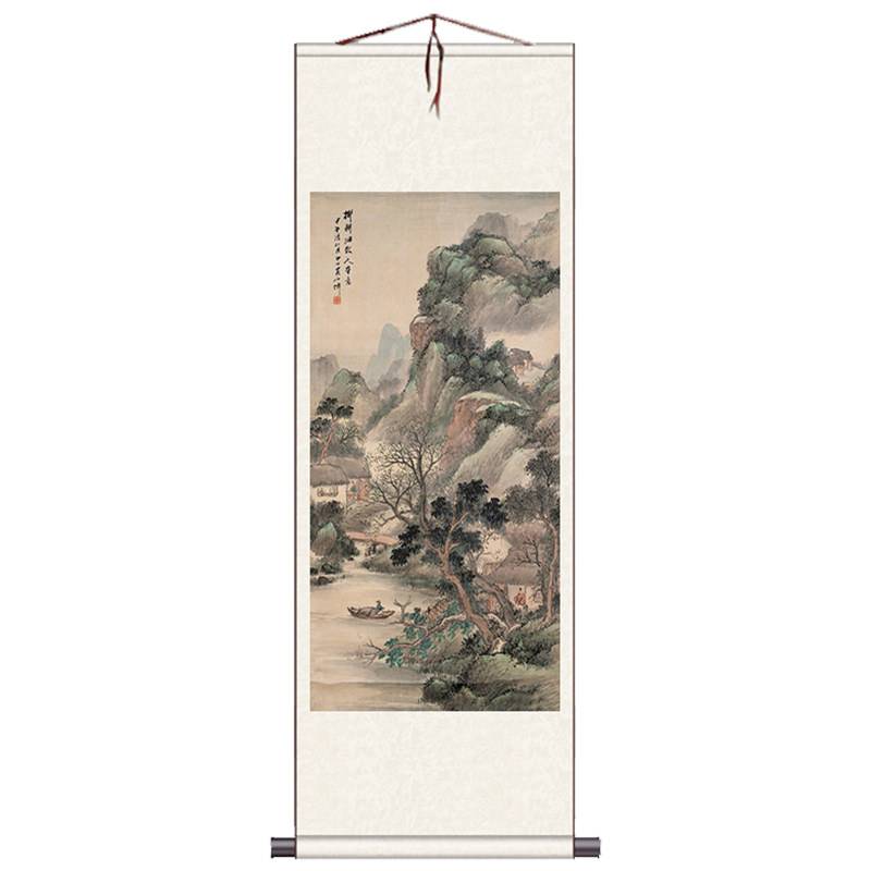 风水丝绸画山水人家水墨书画书房客厅玄关摆件礼品画送老外定制
