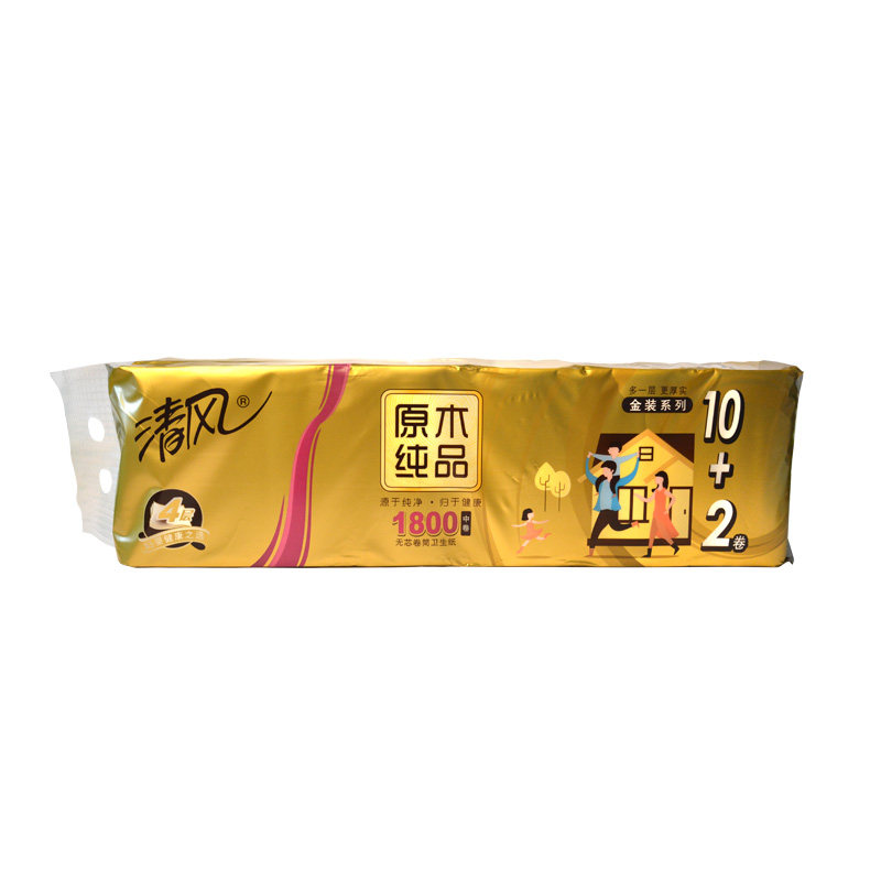清风B01CFMJH2卷纸金装原木纯品1800克12卷/提家用4层无芯卷筒纸