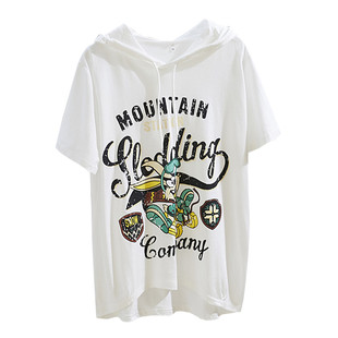 夏季带连帽纯棉短袖t恤女宽松大码胖mm上衣韩版学生卡通图案体恤c