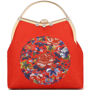 2021新款中式婚庆包金色贝壳口金布艺包喜娘礼服包红色旗袍包