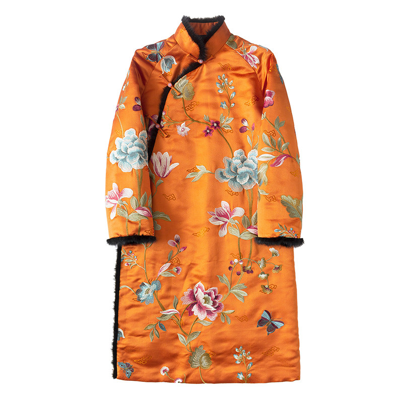 重工牛货中式真丝斜襟水貂毛棉服