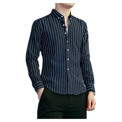 秋冬季男士长袖藏青色衬衫爸爸装打底条纹寸衣修身休闲时尚衬衣黑