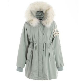 nolnol抽绳收腰派克羽绒服女a版真毛领2019新款时尚气质刺绣短款