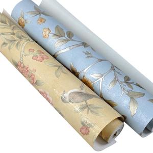 中式墙纸无纺布田园花鸟客厅卧室电视背景墙中国风蓝色壁纸高级感