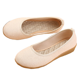 工艺布鞋麻鞋小坡跟舒适单鞋纯色工作鞋牛筋底低帮鞋妈妈鞋小白鞋