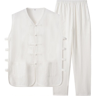 中国风夏季休闲马甲长裤套装唐装男中式复古盘扣国风棉麻汗衫汉服