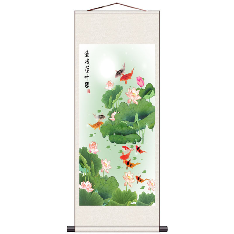 荷花九鱼条幅花鸟画丝绸挂画卷轴字画礼品白鹭荷花风水装饰已装裱