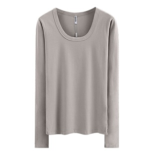春秋女长袖圆领t恤修身体恤低领打底衫灰色纯色U领基础款加绒加厚