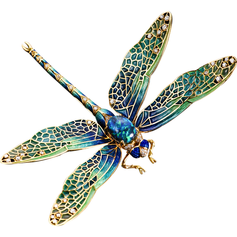 HIVENGI/海梵紀(jì)18K金鑲嵌天然黑歐泊石蜻蜓胸針 高級定制鉆石胸針