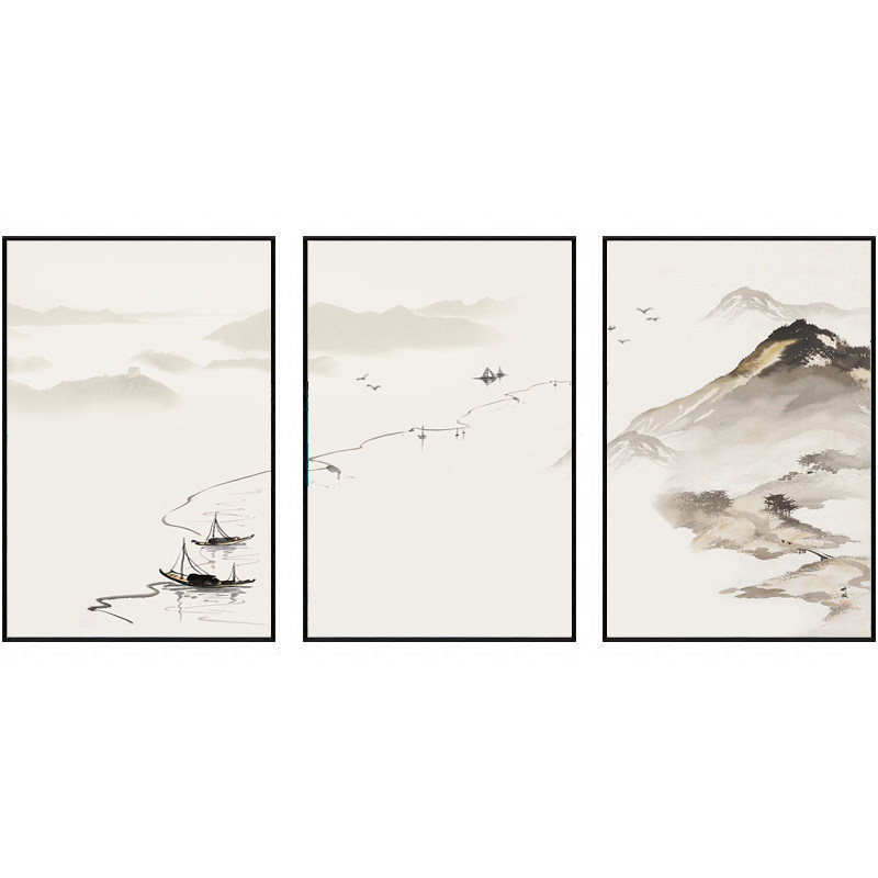 禅意水墨大气风三联客厅装饰画