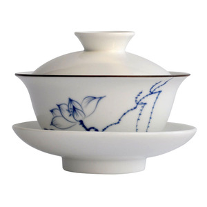 景德镇亚光白功夫茶手绘大号青花泡茶碗三才盖碗茶杯荷花复古茶具