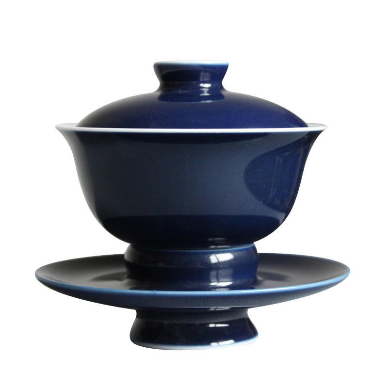 老茶人不烫手老祭蓝盖碗仿古茶具