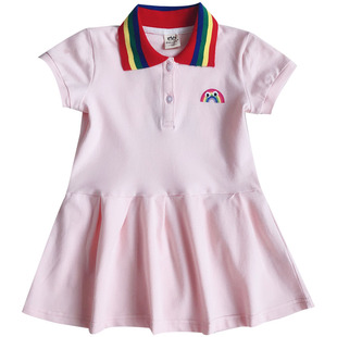 儿童棒球裙夏女童polo裙衫宝宝全棉翻领彩虹条连衣裙子学院风短裙