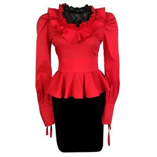 德鲁纳酒店张满月IU同款红色大领蓬袖衬衫黑蕾丝蕾丝打底衫裹裙