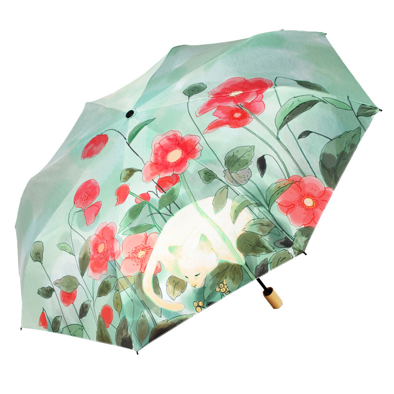 女神手绘森系三折叠黑胶遮阳雨伞