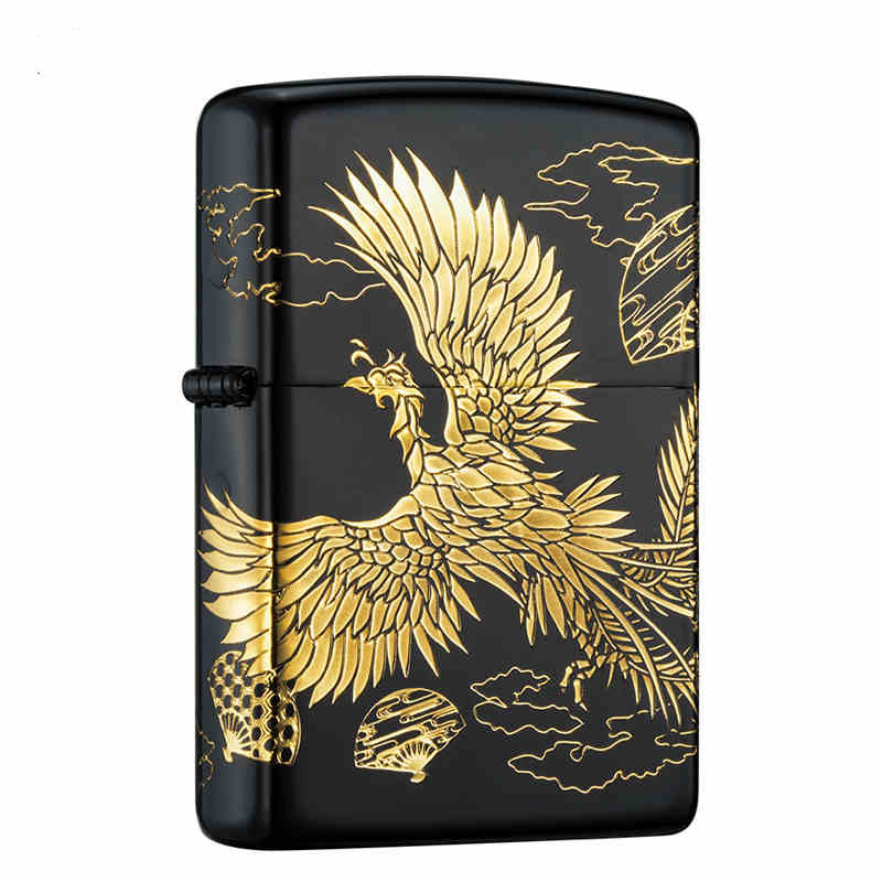 zippo打火机凤舞九天凤凰黑金原装芝宝防风煤油机黑哑漆烫银深雕