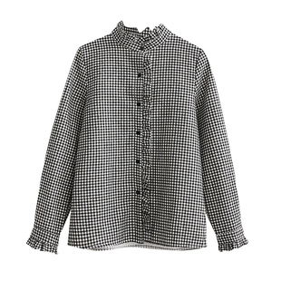 秋冬新款韩范花边领黑白小格子加绒加厚衬衫女长袖百搭保暖衬衣