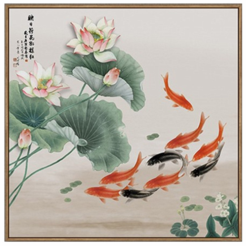 荷花九鱼图钻石画新款水墨鲤鱼