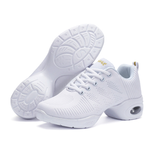 四季网面舞蹈鞋中跟软底女夏广场舞鞋透气白色跳舞鞋健身爵士舞鞋