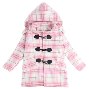 女童格子毛呢外套6羊角扣9中长款12岁中大童带帽夹棉加厚呢子大衣