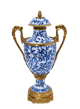 欧式风陶瓷镶铜客厅玄关青花摆件