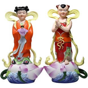 10至14寸彩绘金童玉女佛像陶瓷童男童女佛堂佛具用品供奉摆件