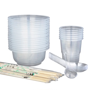 一次性碗筷子套装家用环保塑料圆形碗加厚勺子杯子透明酒席食品级