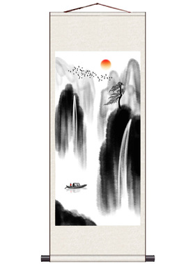 招财竖版背景墙客厅图装饰山水画