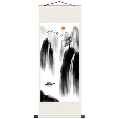 招财竖版背景墙客厅图装饰山水画