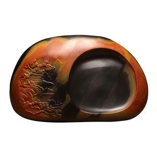 维新非遗传承名师自然山水花鸟人物歙砚金皮籽料原石金晕老坑砚台收藏高档文房立体摆件手工雕刻送礼