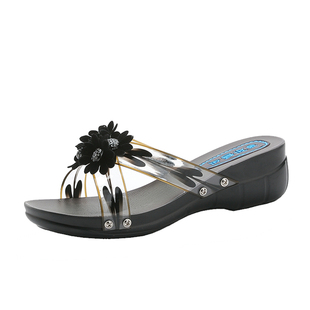 老年人凉拖鞋女交叉塑料坡跟厚底条纹绿色夏季妈妈鞋花朵防水拖鞋