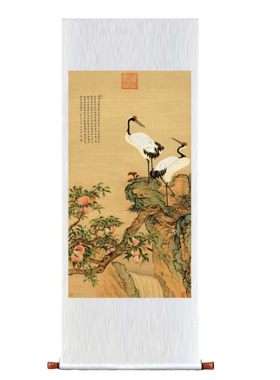 清 邹一桂 蟠桃双鹤图 仿古画中式玄关书房挂画中堂画卷轴已装裱